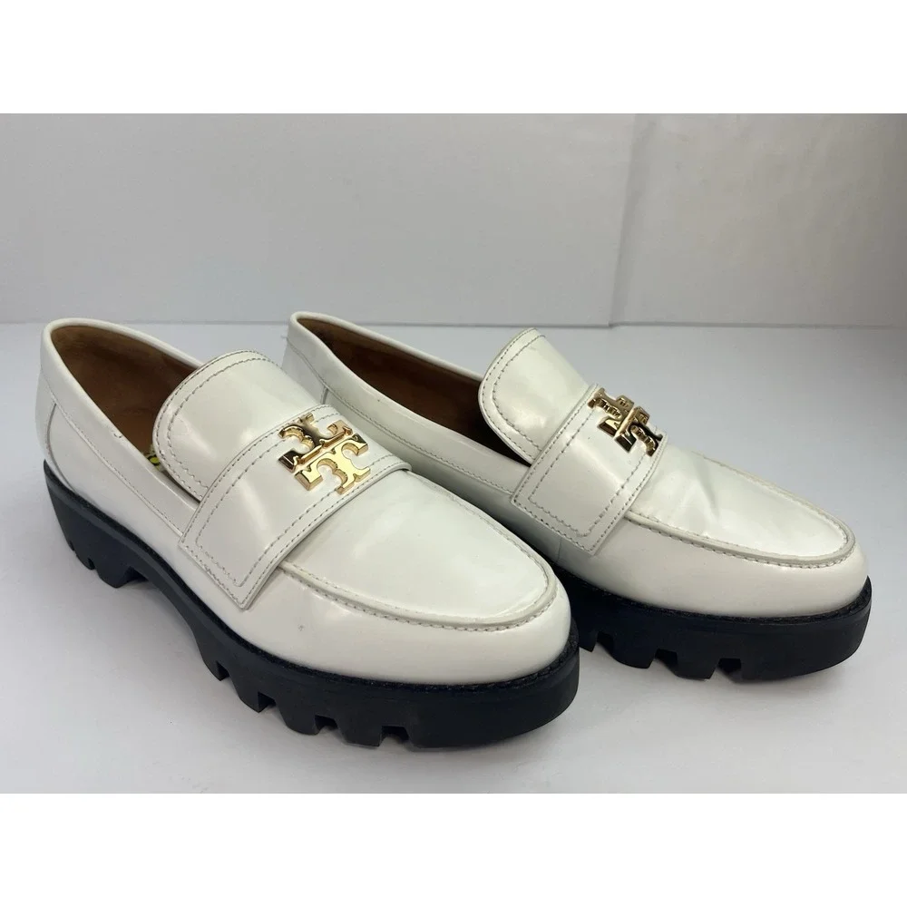 Tory Burch Women's Everly Leather Mini Chunky White & Black Loafers Size 9M